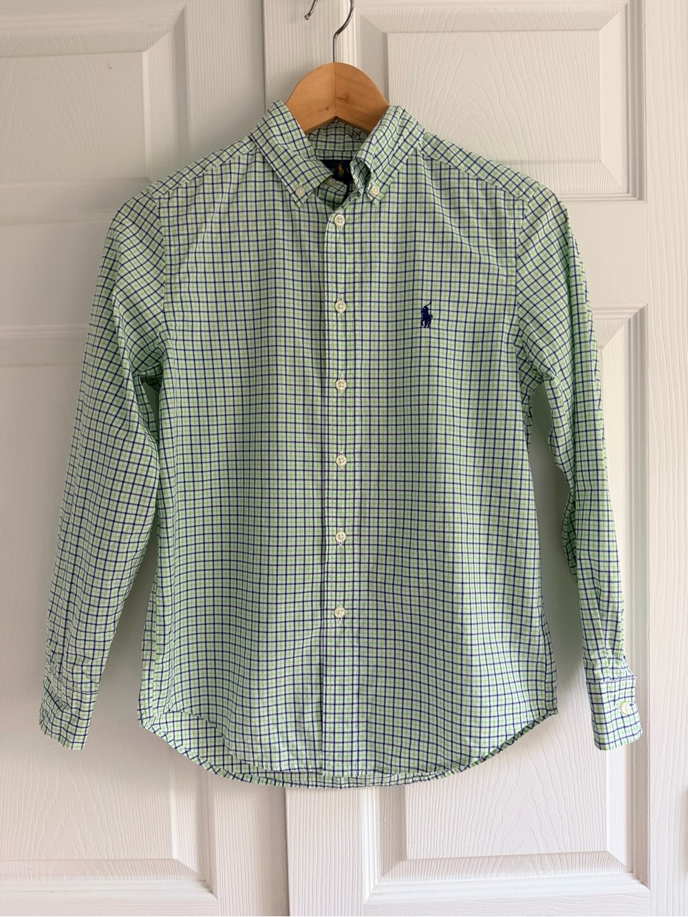 Ralph Lauren Boys M 10-12 Plaid Button Down Shirt Green Blue Cotton Pony